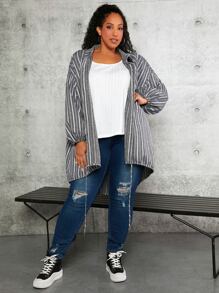 SHEIN CURVE+ Plus Striped Print Drop Shoulder Knot Hem Coat - Grey - View 2