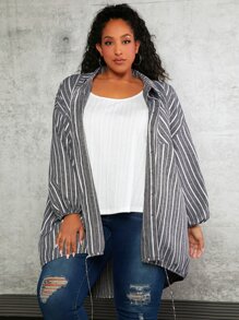 SHEIN CURVE+ Plus Striped Print Drop Shoulder Knot Hem Coat - Grey - View 5