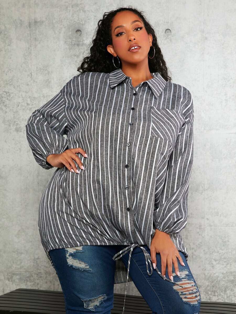SHEIN CURVE+ Plus Striped Print Drop Shoulder Knot Hem Coat - Grey - View 1