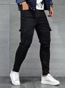 Manfinity LEGND Men Cotton Flap Pocket Side Cargo Jeans Slim Fit Long Washed Jean Plain Black Party Fashion Friends - Black - View 1