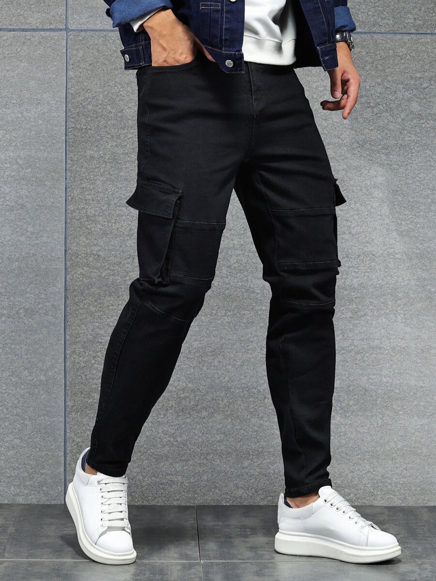 Manfinity LEGND Men Cotton Flap Pocket Side Cargo Jeans Slim Fit Long Washed Jean Plain Black Party Fashion Friends - Black - View 1