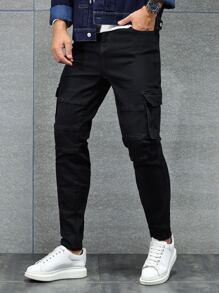 Manfinity LEGND Men Cotton Flap Pocket Side Cargo Jeans Slim Fit Long Washed Jean Plain Black Party Fashion Friends - Black - View 3