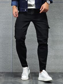 Manfinity LEGND Men Cotton Flap Pocket Side Cargo Jeans Slim Fit Long Washed Jean Plain Black Party Fashion Friends - Black - View 4