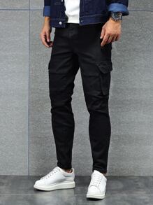 Manfinity LEGND Men Cotton Flap Pocket Side Cargo Jeans Slim Fit Long Washed Jean Plain Black Party Fashion Friends - Black - View 5