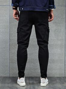 Manfinity LEGND Men Cotton Flap Pocket Side Cargo Jeans Slim Fit Long Washed Jean Plain Black Party Fashion Friends - Black - View 6