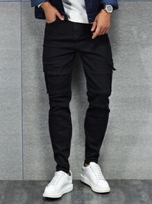 Manfinity LEGND Men Cotton Flap Pocket Side Cargo Jeans Slim Fit Long Washed Jean Plain Black Party Fashion Friends - Black - View 7