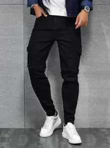 Manfinity LEGND Men Cotton Flap Pocket Side Cargo Jeans Slim Fit Long Washed Jean Plain Black Party Fashion Friends - Black - View 8