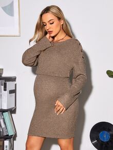 SHEIN Maternity Drop Shoulder Marled Knit Nursing 2 In 1 Bodycon Dress - Mocha Brown - View 5