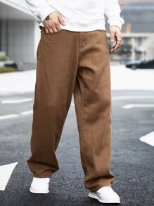 Manfinity Hypemode 男士寬鬆直腳牛仔褲,斜口袋款式 - 棕色 - 查看 2