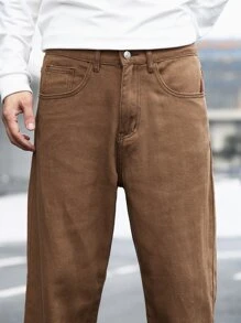 Manfinity Hypemode 男士寬鬆直腳牛仔褲,斜口袋款式 - 棕色 - 查看 4