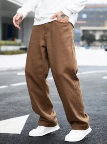 Manfinity Hypemode 男士寬鬆直腳牛仔褲,斜口袋款式 - 棕色 - 查看 7