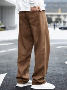 Manfinity Hypemode 男士寬鬆直腳牛仔褲,斜口袋款式 - 棕色 - 查看 8