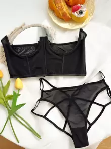 Black Mesh Strapless Cut Out Two Piece Sexy Lingerie Set For Women - Black - View 1