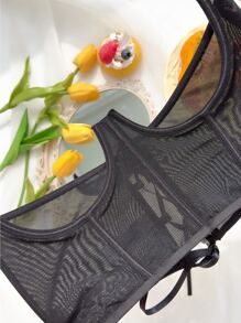 Black Mesh Strapless Cut Out Two Piece Sexy Lingerie Set For Women - Black - View 3