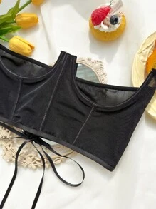 Black Mesh Strapless Cut Out Two Piece Sexy Lingerie Set For Women - Black - View 6