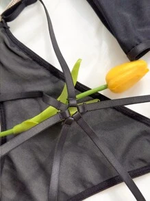 Black Mesh Strapless Cut Out Two Piece Sexy Lingerie Set For Women - Black - View 7