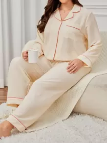Plus Contrast Piping Patched Pocket PJ Set - Beige - View 1