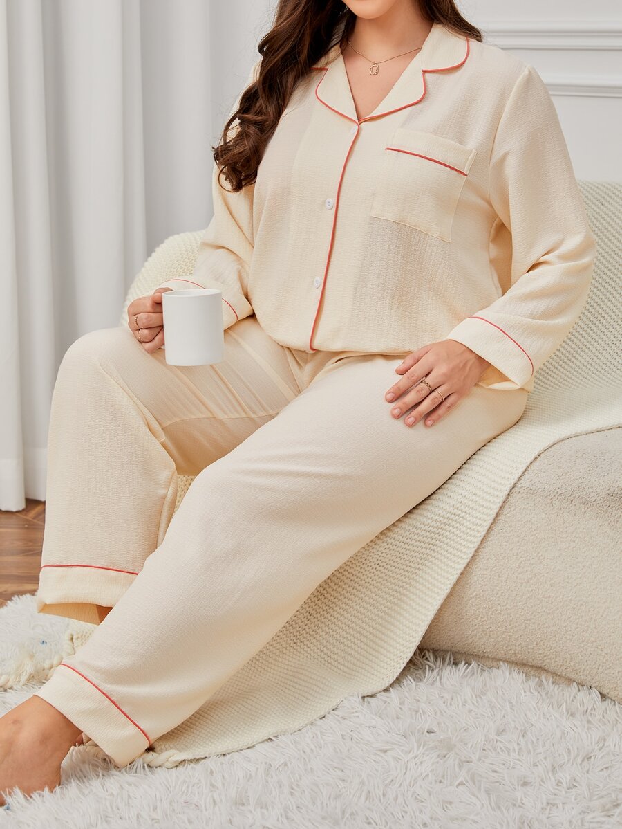 Plus Contrast Piping Patched Pocket PJ Set - Beige - View 1