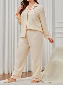 Plus Contrast Piping Patched Pocket PJ Set - Beige - View 5