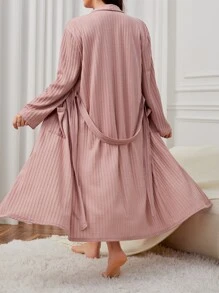 Bata con cinturón con letra con panda con bordado con bolsillo delantero - Rosa vieja - Ver 2