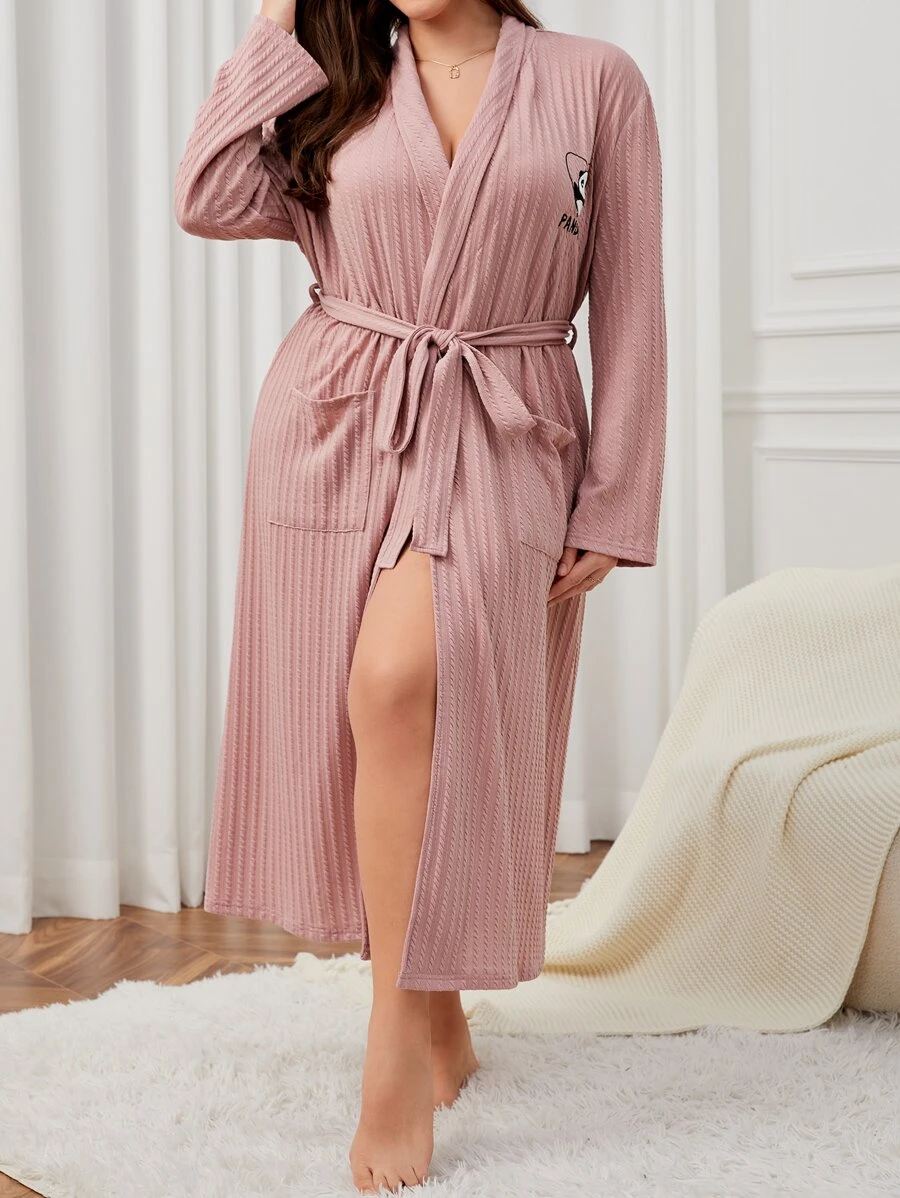 Bata con cinturón con letra con panda con bordado con bolsillo delantero - Rosa vieja - Ver 1