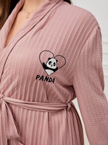Bata con cinturón con letra con panda con bordado con bolsillo delantero - Rosa vieja - Ver 6