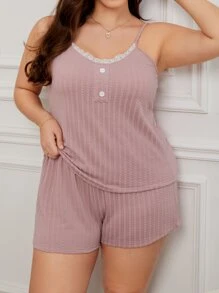 Plus Lace Trim Button Detail Lettuce Trim Cami Top & Shorts PJ Set - Dusty Pink - View 3