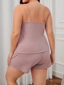 Plus Lace Trim Button Detail Lettuce Trim Cami Top & Shorts PJ Set - Dusty Pink - View 2