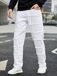 Manfinity Men Slant Pocket Frayed Trim Straight Leg Jeans - White - View 1
