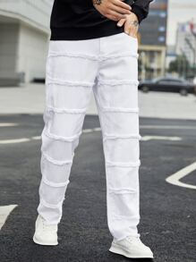 Manfinity Men Slant Pocket Frayed Trim Straight Leg Jeans - White - View 3