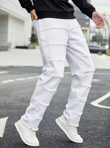 Manfinity Men Slant Pocket Frayed Trim Straight Leg Jeans - White - View 4