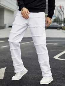 Manfinity Men Slant Pocket Frayed Trim Straight Leg Jeans - White - View 5