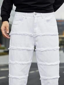 Manfinity Men Slant Pocket Frayed Trim Straight Leg Jeans - White - View 7