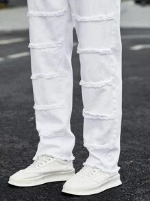 Manfinity Men Slant Pocket Frayed Trim Straight Leg Jeans - White - View 8