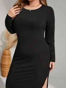 SHEIN Clasi Vestido ajustado unicolor de muslo con abertura - Negro - Ver 4