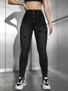 SHEIN ICON High Waisted Button Fly Ripped Skinny Jeans - Black - View 3