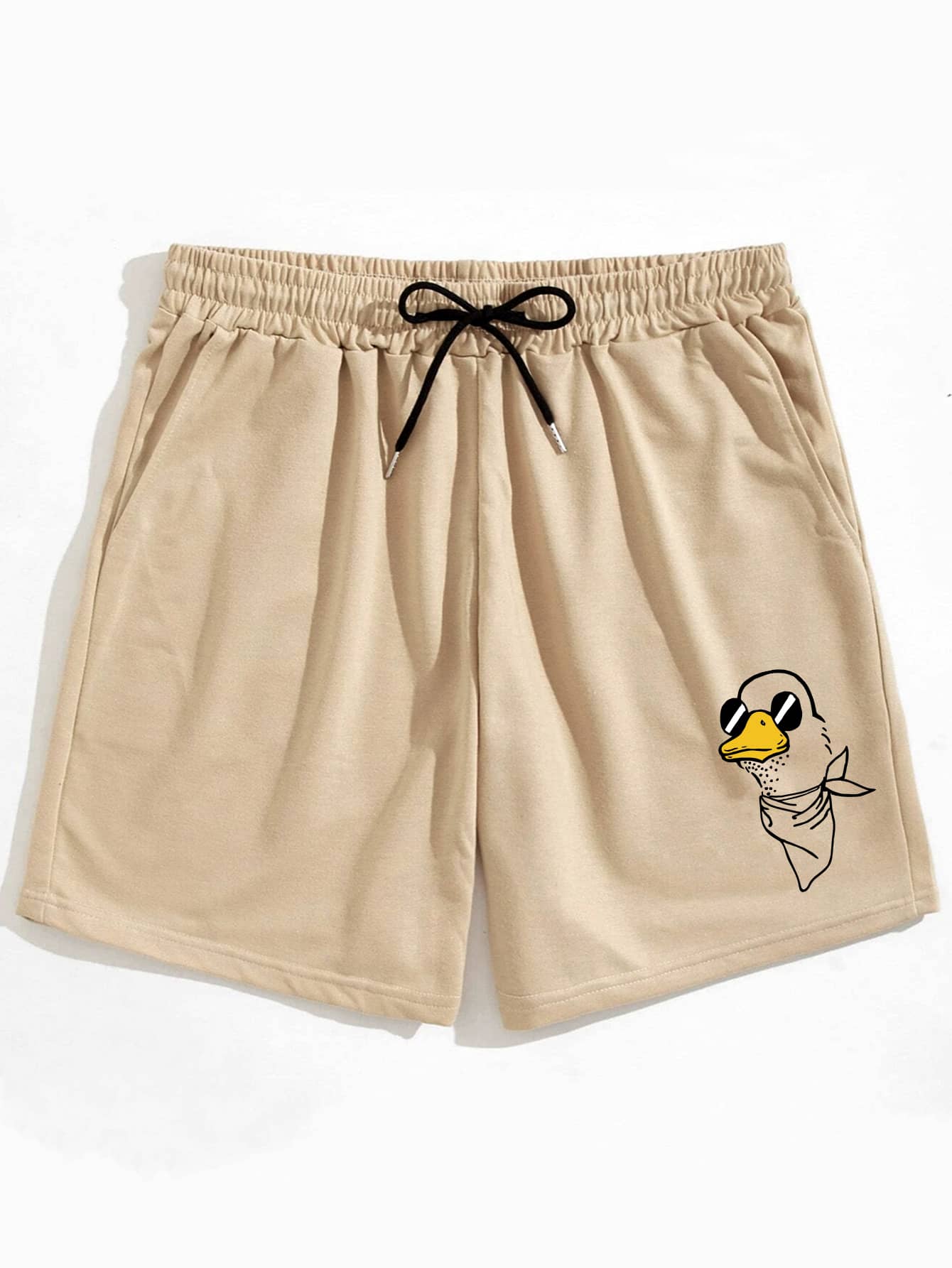 ROMWE MEN 男士卡通鴨圖案抽繩短褲 - 杏色 - 查看 1