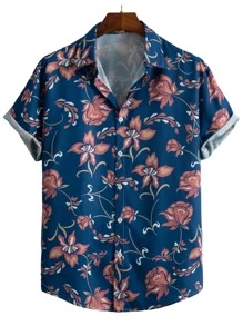 ROMWE MEN Hombres Camisa con estampado floral con botón - Multicolor - Ver 1