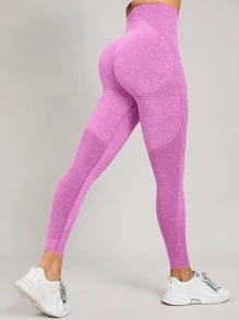 Yoga Basic Training Tights Seamless High Stretch Tummy Control Athletic Leggings With Punch Out Holes - Pink - View 1