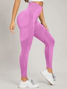 Yoga Basic Training Tights Seamless High Stretch Tummy Control Athletic Leggings With Punch Out Holes - Pink - View 2