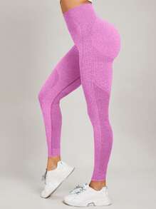 Yoga Basic Training Tights Seamless High Stretch Tummy Control Athletic Leggings With Punch Out Holes - Pink - View 3