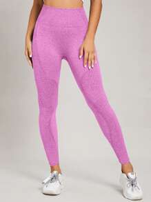 Yoga Basic Training Tights Seamless High Stretch Tummy Control Athletic Leggings With Punch Out Holes - Pink - View 4