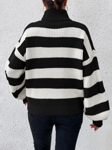SHEIN Essnce Striped Pattern Turtleneck Bishop Sleeve Jumper - Black and White - View 2