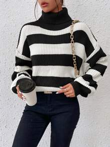 SHEIN Essnce Striped Pattern Turtleneck Bishop Sleeve Jumper - Black and White - View 3
