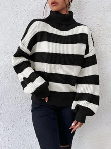 SHEIN Essnce Striped Pattern Turtleneck Bishop Sleeve Jumper - Black and White - View 4
