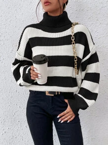 SHEIN Essnce Striped Pattern Turtleneck Bishop Sleeve Jumper - Black and White - View 6
