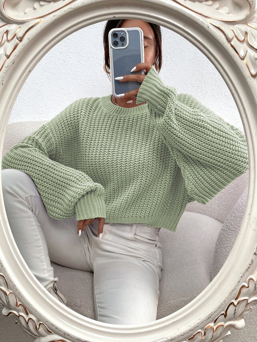 Chiquease Solid Ribbed Knit Drop Shoulder Jumper - Mint Green - View 1
