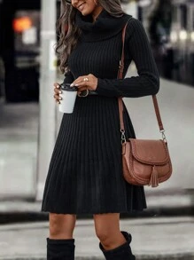 SHEIN Unity Turtleneck Ribbed Knit Jumper Dress Without Belt - Black - View 6