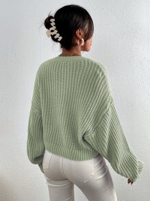 Chiquease Solid Ribbed Knit Drop Shoulder Jumper - Mint Green - View 2