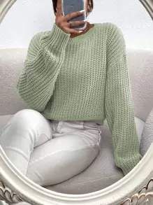 Chiquease Solid Ribbed Knit Drop Shoulder Jumper - Mint Green - View 3